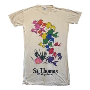 Vintage St. Thomas Virgin Islands T-Shirt Dress One Size Cream Fish Print V Neck